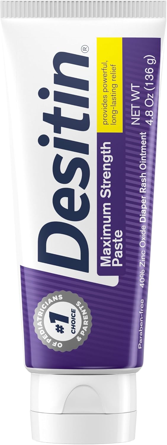 Desitin Maximum Strength Baby Diaper Rash Cream, 40% Zinc Oxide, Hypoallergenic No Added Parabens & Dyes, Protects & Relieves BabyÛªs Skin for Up to 12 Hours, Prevents Diaper Rash, 4.8 oz Tube