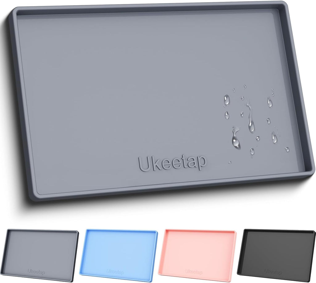 ukeetap Extra Thick Silicone Mat Waterproof with Raised Edge 19Û x 12Û, BPA Free Non-Slip Dog & Cat Food Mat, Feeding Mat for Food and Water Bowls, Spill Proof Mat to Protect Floors, Gray