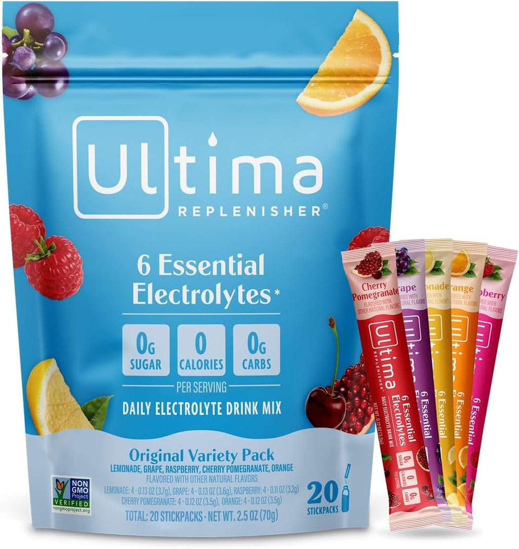 Ultima Replenisher Daily Electrolyte Powder ÛÒ Original Variety Pack, 20 Stickpacks ÛÒ Zero Sugar Hydration Packets with 6 Electrolytes and Minerals ÛÒ Sugar Free, Plant Based & Keto Friendly Drink Mix