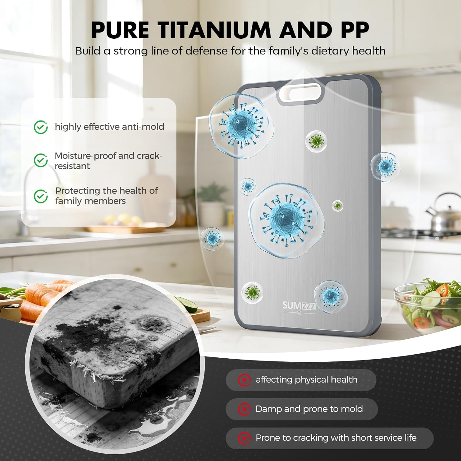 Sumzzz Titanium Cutting Board for Kitchen, Non Toxic 2-in-1 Cutting Board Double Sided Food Grade Pure Titanium, Knife Friendly Easy to Clean Large Size 15ÛÌÑ10.3Û