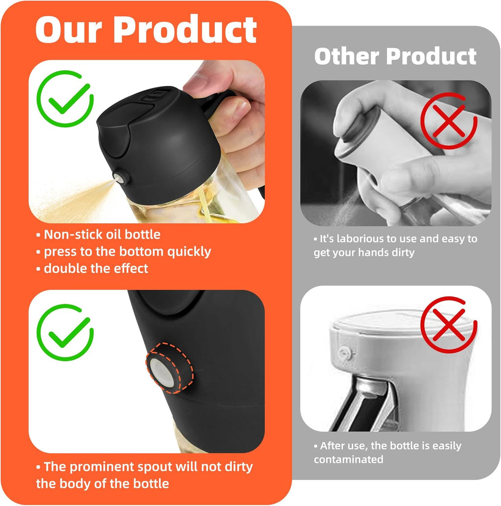 TrendPlain 16oz/470ml Glass Olive Oil Sprayer for Cooking ÛÒ 2 in 1 Olive Oil Dispenser Bottle for Kitchen Gadgets and Air Fryer Accessories, Salad, BBQ - Black