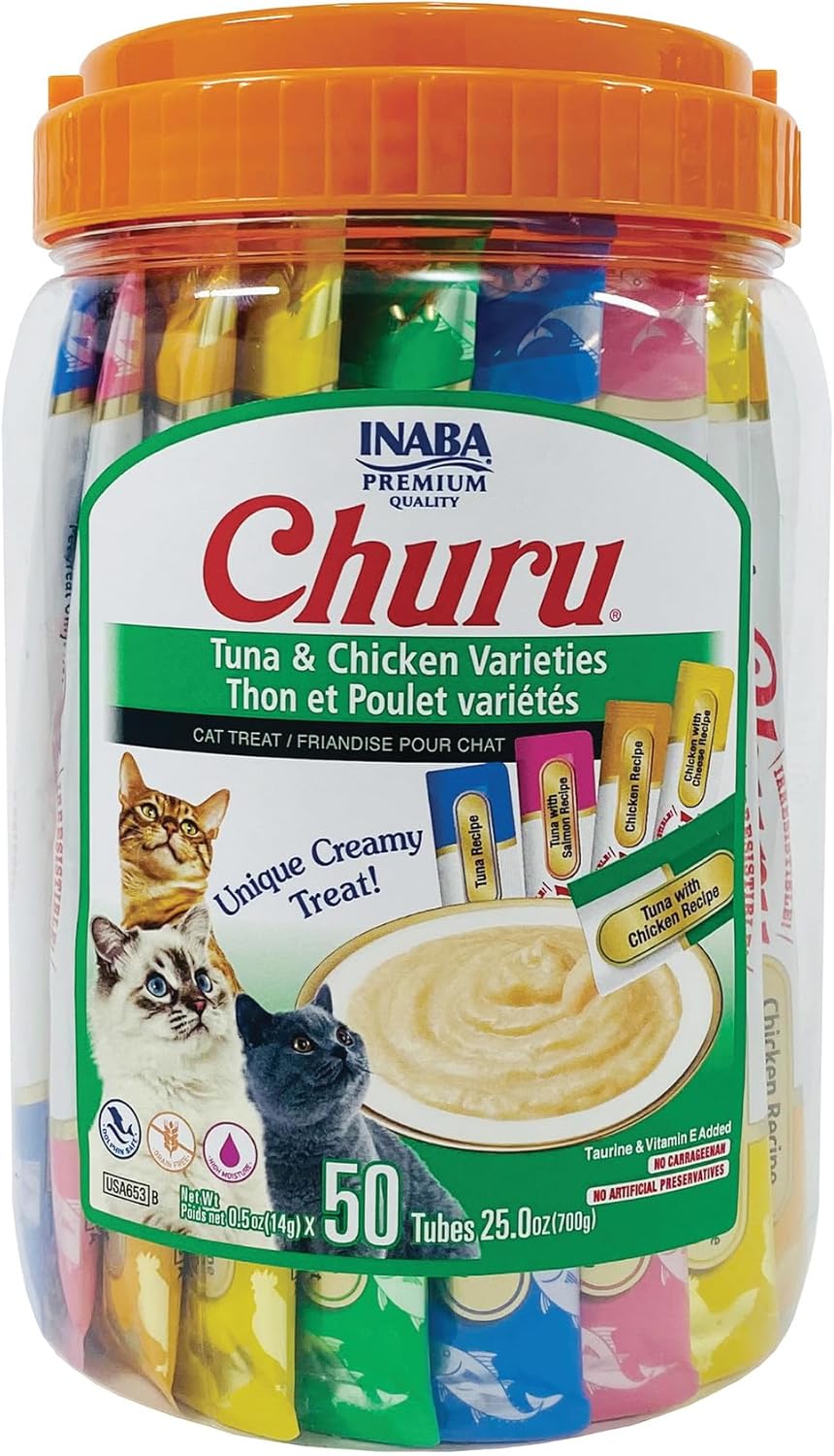 INABA Churu Cat Treats, Grain-Free, Lickable, Squeezable Creamy PurÌ©e Cat Treat/Topper with Vitamin E & Taurine, 0.5 Ounces Each Tube, 50 Tubes, Tuna & Chicken Variety