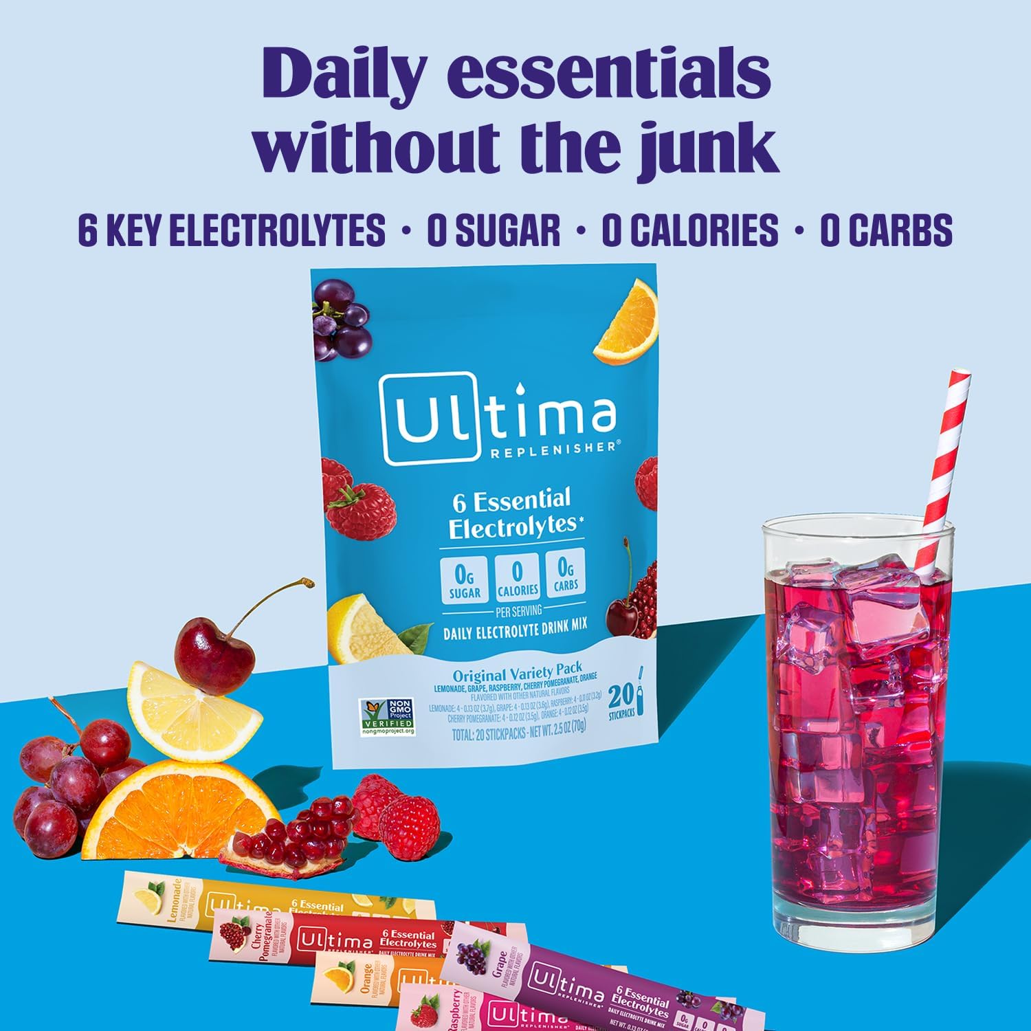 Ultima Replenisher Daily Electrolyte Powder ÛÒ Original Variety Pack, 20 Stickpacks ÛÒ Zero Sugar Hydration Packets with 6 Electrolytes and Minerals ÛÒ Sugar Free, Plant Based & Keto Friendly Drink Mix
