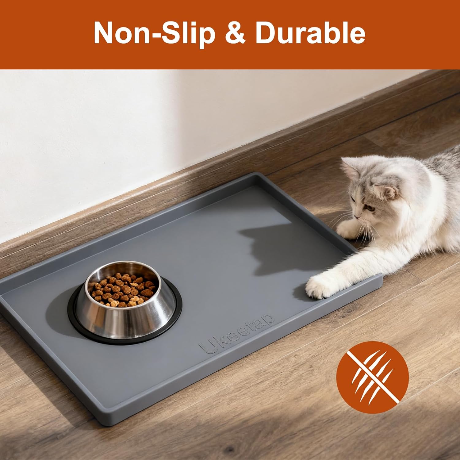 ukeetap Extra Thick Silicone Mat Waterproof with Raised Edge 19Û x 12Û, BPA Free Non-Slip Dog & Cat Food Mat, Feeding Mat for Food and Water Bowls, Spill Proof Mat to Protect Floors, Gray