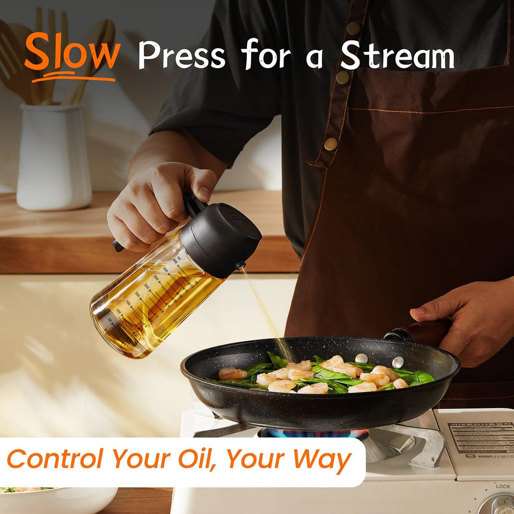 TrendPlain 16oz/470ml Glass Olive Oil Sprayer for Cooking ÛÒ 2 in 1 Olive Oil Dispenser Bottle for Kitchen Gadgets and Air Fryer Accessories, Salad, BBQ - Black