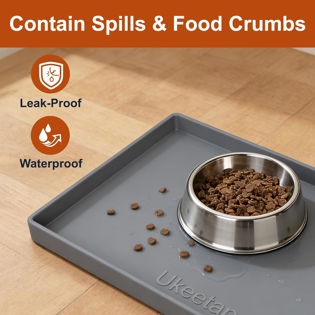 ukeetap Extra Thick Silicone Mat Waterproof with Raised Edge 19Û x 12Û, BPA Free Non-Slip Dog & Cat Food Mat, Feeding Mat for Food and Water Bowls, Spill Proof Mat to Protect Floors, Gray