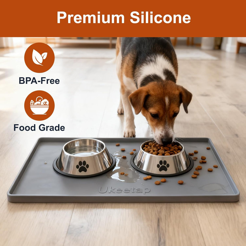 ukeetap Extra Thick Silicone Mat Waterproof with Raised Edge 19Û x 12Û, BPA Free Non-Slip Dog & Cat Food Mat, Feeding Mat for Food and Water Bowls, Spill Proof Mat to Protect Floors, Gray
