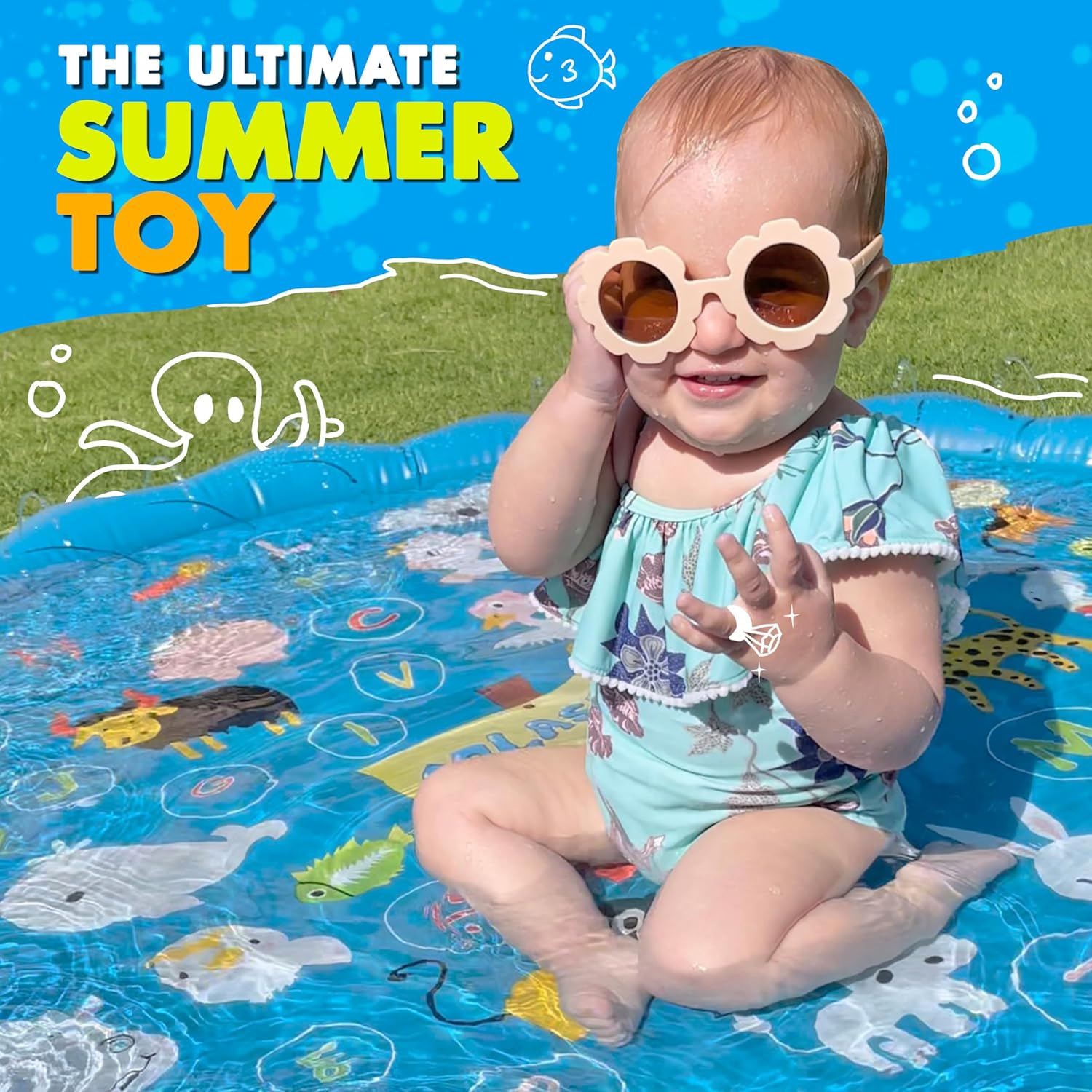 SplashEZ 3-in-1 Splash Pad, Sprinkler for Kids & Baby Pool for Learning ÛÒ Toddler Sprinkler Pool, 60ÛªÛª Outside Water Toys ÛÒ ÛÏfrom A to ZÛ Outdoor Play Mat for Babies & Toddlers