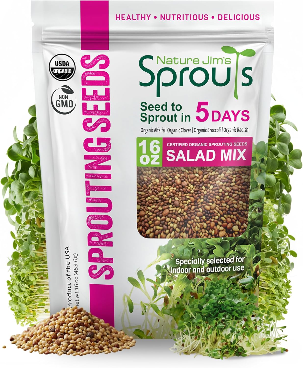 Nature JimÛªs Sprouts Organic Salad Mix ÛÒ Non-GMO Microgreen Seeds, Perfect for Growing Nutritious Organic Broccoli, Alfalfa, Radish & Clover Sprouts ÛÒ Easy Indoor/Outdoor Home Sprouting Seeds ÛÒ 1lb
