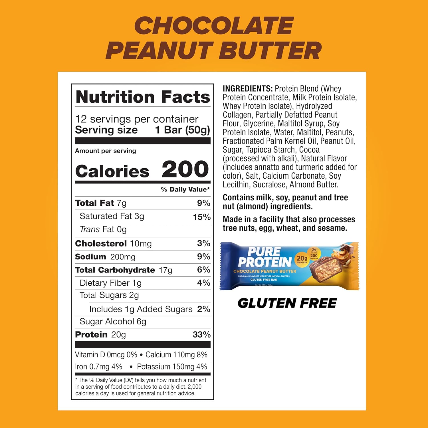 Pure Protein Chocolate Peanut Butter Protein Bars ÛÒ 20g Protein, 3g Sugar, 190 Calories (12 count) Low Sugar* High Protein Snack - Gluten Free - Perfect for a Healthy Snack