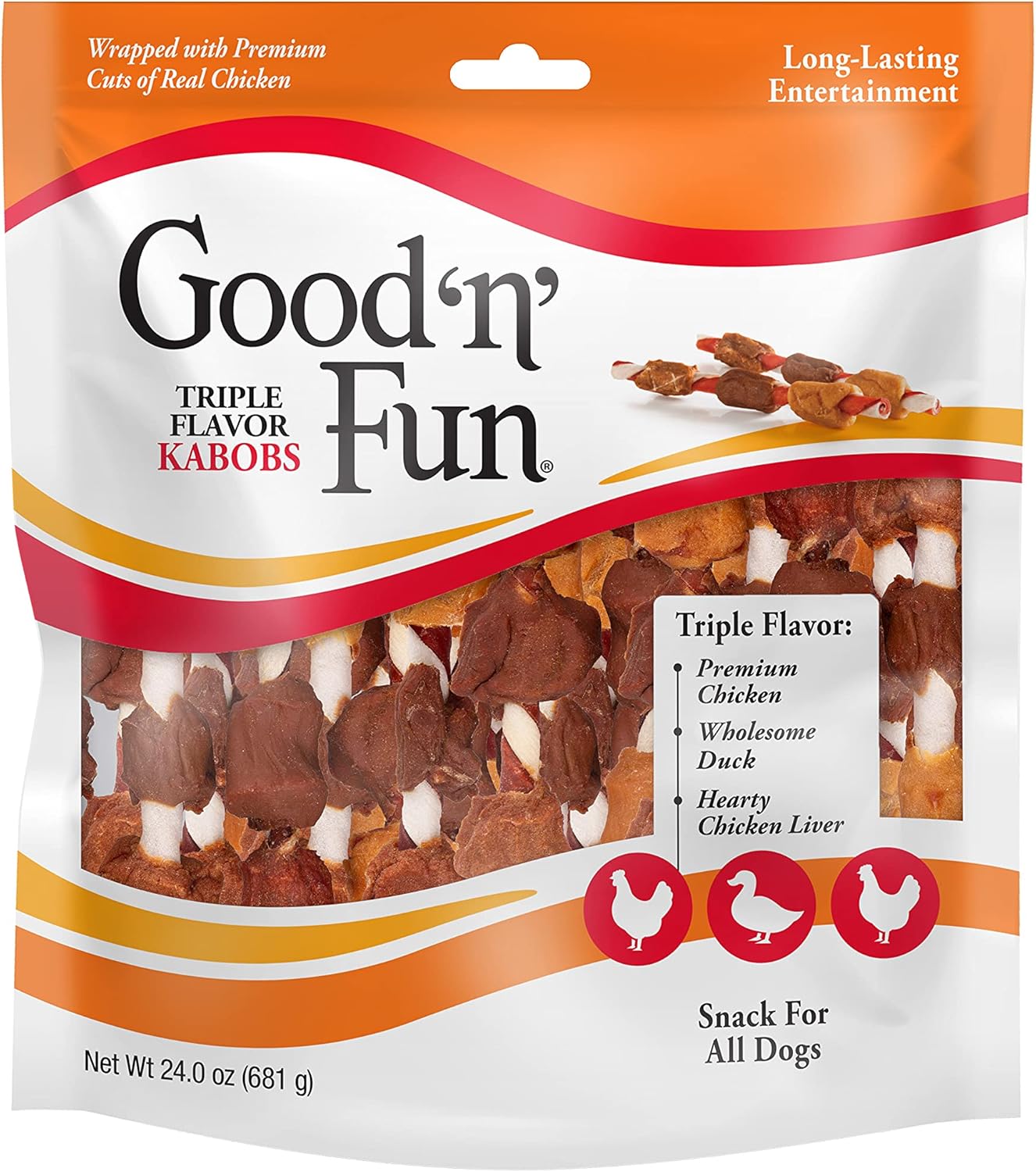 Good Û÷nÛª Fun Triple Flavor Kabobs Chews for All Dogs, 24 Ounces, Treat Your Dog to Long-Lasting Chews Made from Beef Hide, Real Chicken, Pork Hide, Duck and Chicken Liver