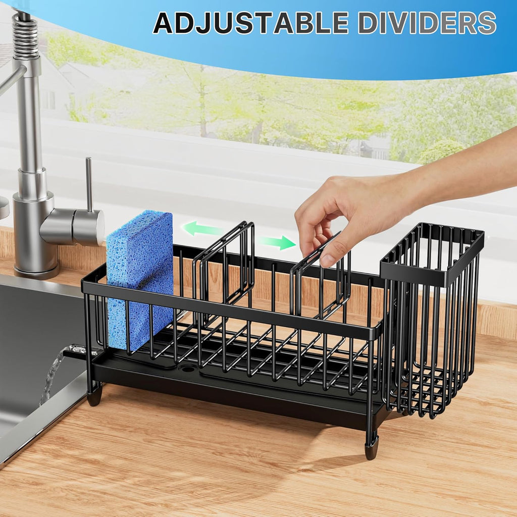 Cisily Sponge Holder for Kitchen Sink, Sink Caddy Organizer with High Brush Holder, Kitchen Countertop Organizers and Storage Essentials, Rustproof 304 Stainless Steel (Black, 9.25Û?)