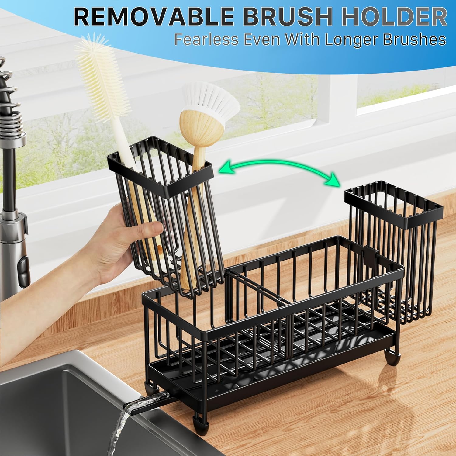 Cisily Sponge Holder for Kitchen Sink, Sink Caddy Organizer with High Brush Holder, Kitchen Countertop Organizers and Storage Essentials, Rustproof 304 Stainless Steel (Black, 9.25Û?)