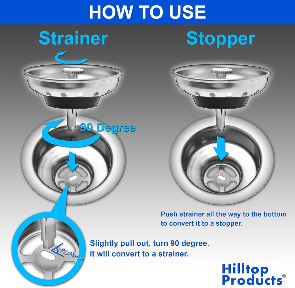 2 Pack - Kitchen Sink Strainer and Stopper Combo Basket Replacement for Standard 3-1/2 inch Drain, Stainless Steel Basket with Plastic Knob, Rubber Stopper Bottom - Hilltop Products