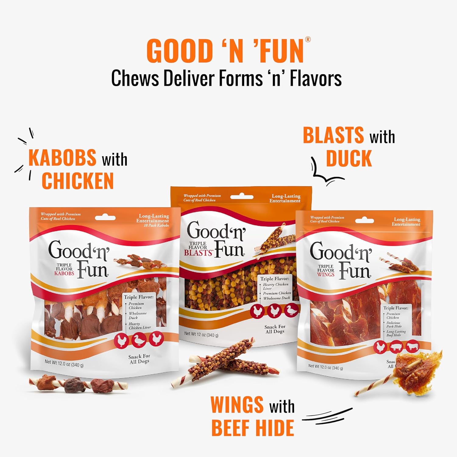 Good Û÷nÛª Fun Triple Flavor Wings Chews for All Dogs, 12 Ounces, Treat Your Dog to Long-Lasting Chews Made from Chicken, Pork Hide and Beef Hide