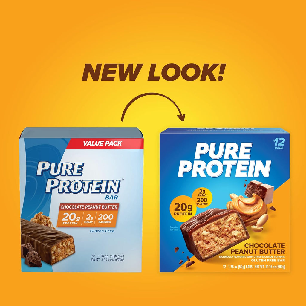 Pure Protein Chocolate Peanut Butter Protein Bars ÛÒ 20g Protein, 3g Sugar, 190 Calories (12 count) Low Sugar* High Protein Snack - Gluten Free - Perfect for a Healthy Snack