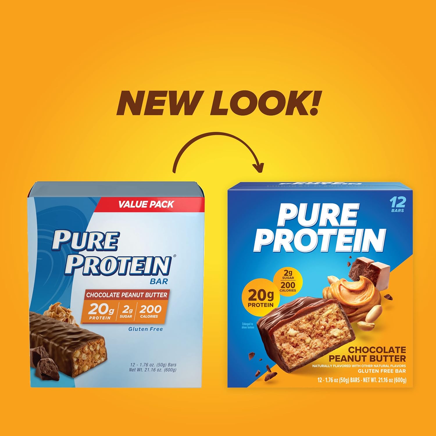 Pure Protein Chocolate Peanut Butter Protein Bars ÛÒ 20g Protein, 3g Sugar, 190 Calories (12 count) Low Sugar* High Protein Snack - Gluten Free - Perfect for a Healthy Snack