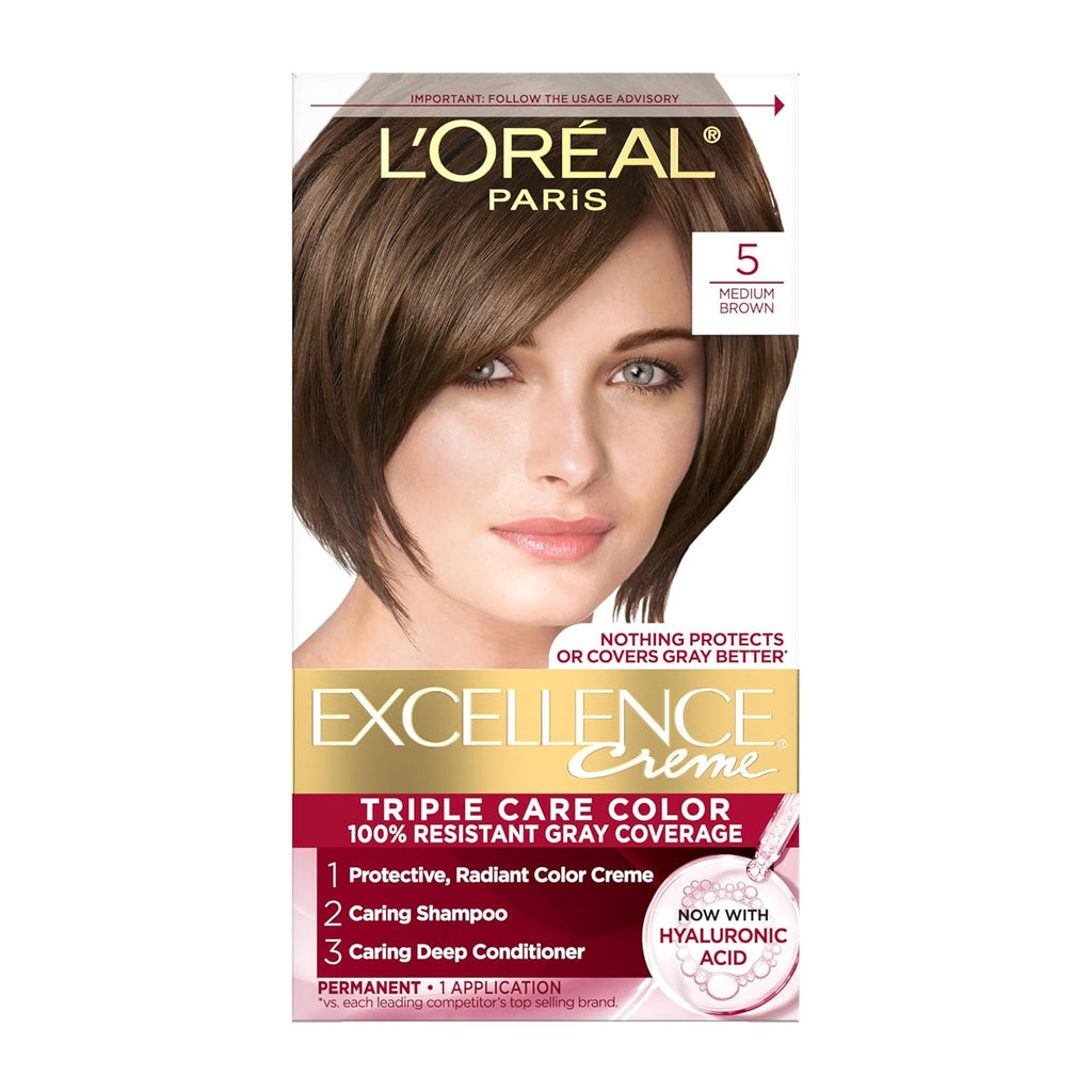 L'Oreal Paris Excellence CrÌ¬me Permanent Hair Dye, Triple Care Hair Color with Hyaluronic Acid for 100% Gray Coverage, 5 Medium Brown, 1 Kit (Packaging May Vary)