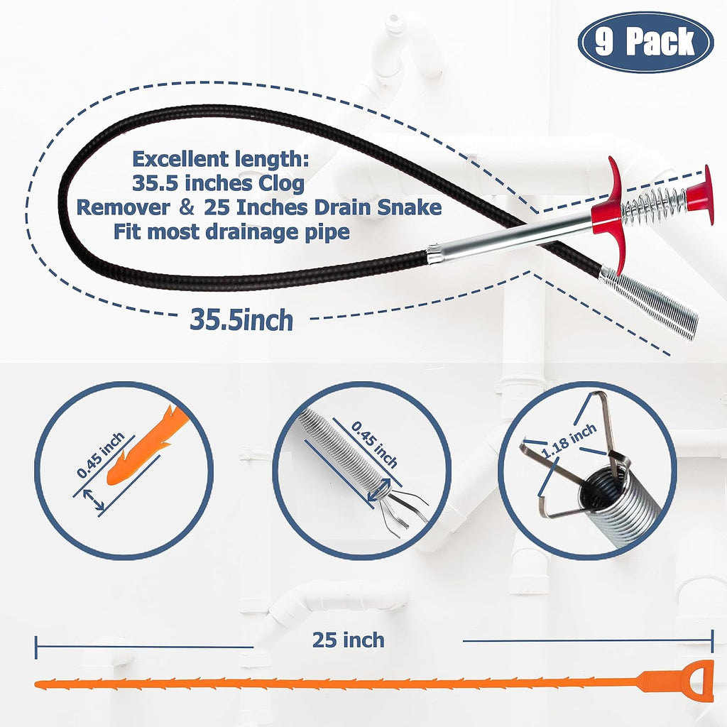35.5inch Drain Clog Remover(1pcs), 25inch Drain Snake Hair Remover(6pcs) ?  Cleaning Brush(2pcs), Hair Catcher Drain Auger Cleaner Tool Set For Toilet, Kitchen Sink, Bathroom Tub, Sewer, 9 Pack