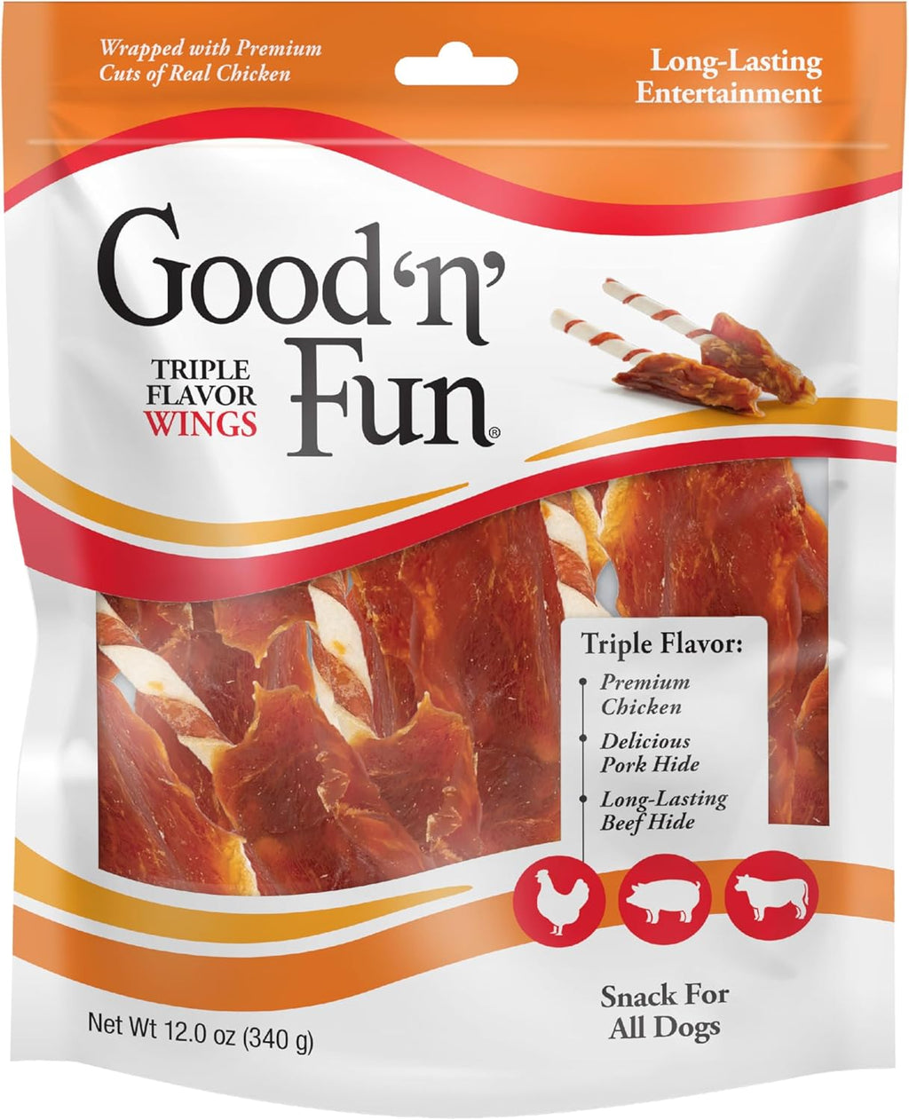Good Û÷nÛª Fun Triple Flavor Wings Chews for All Dogs, 12 Ounces, Treat Your Dog to Long-Lasting Chews Made from Chicken, Pork Hide and Beef Hide
