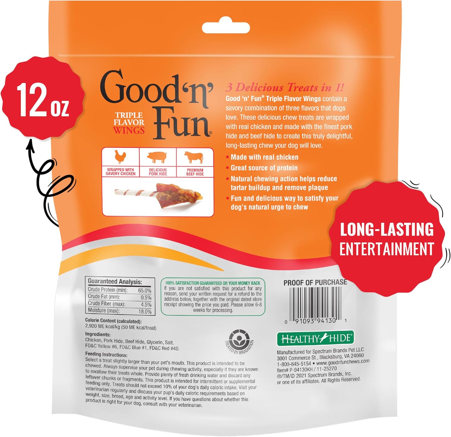 Good Û÷nÛª Fun Triple Flavor Wings Chews for All Dogs, 12 Ounces, Treat Your Dog to Long-Lasting Chews Made from Chicken, Pork Hide and Beef Hide