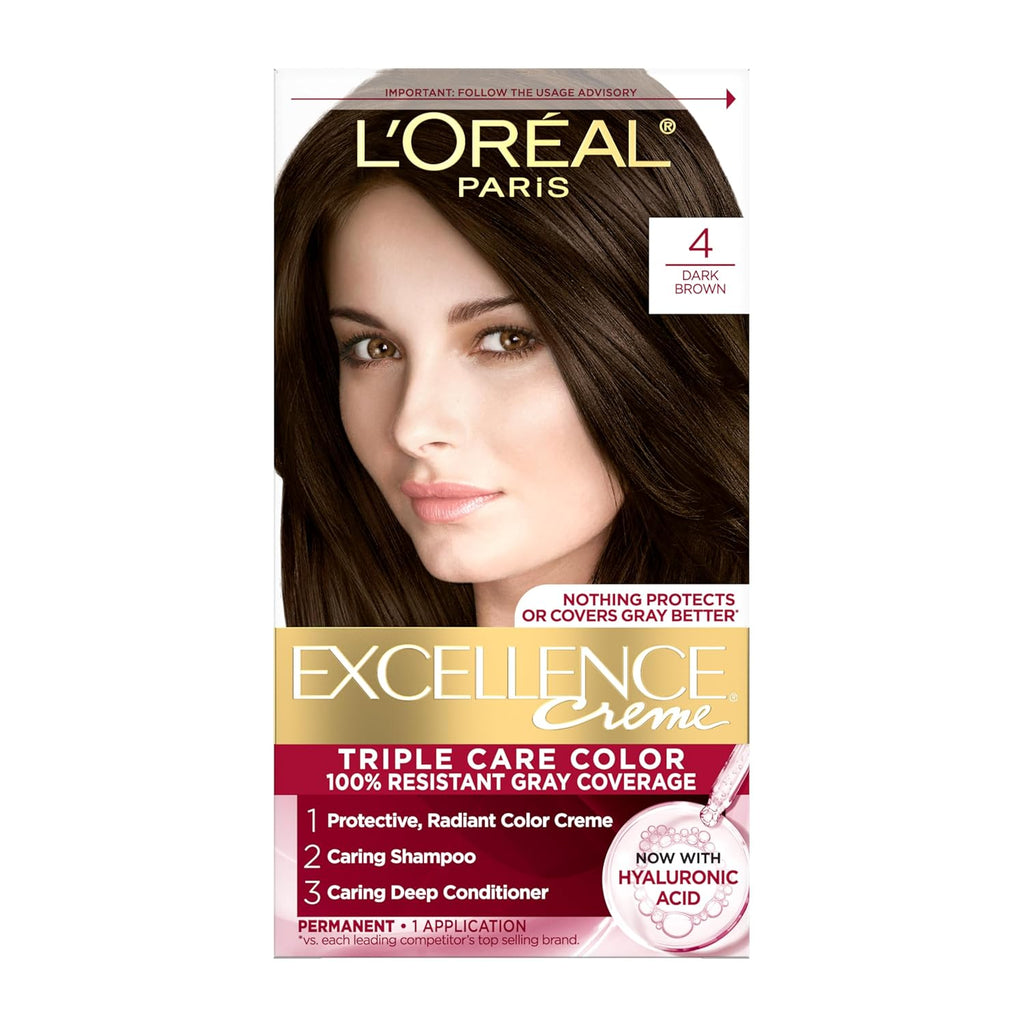 L'Oreal Paris Excellence CrÌ¬me Permanent Hair Dye, Triple Care Hair Color with Hyaluronic Acid for 100% Gray Coverage, 4 Dark Brown, 1 Kit (Packaging May Vary)