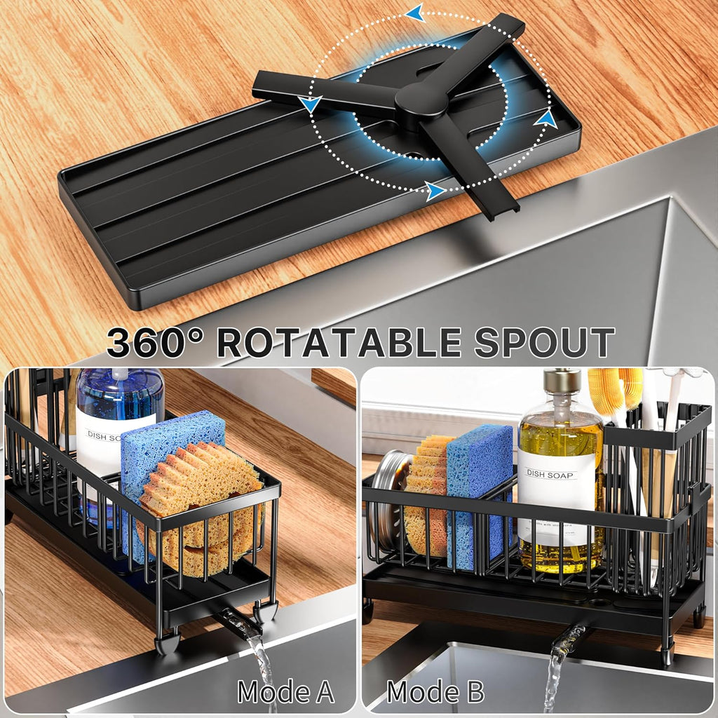 Cisily Sponge Holder for Kitchen Sink, Sink Caddy Organizer with High Brush Holder, Kitchen Countertop Organizers and Storage Essentials, Rustproof 304 Stainless Steel (Black, 9.25Û?)