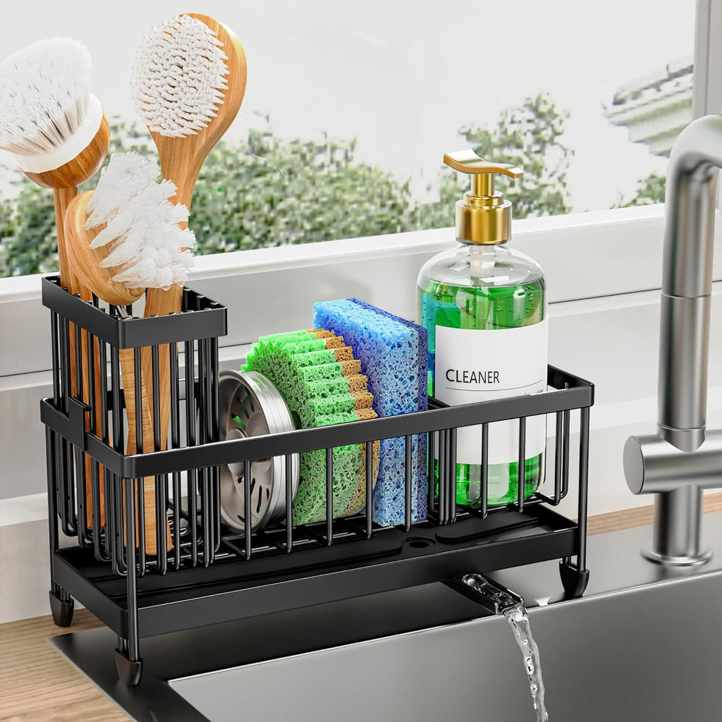 Cisily Sponge Holder for Kitchen Sink, Sink Caddy Organizer with High Brush Holder, Kitchen Countertop Organizers and Storage Essentials, Rustproof 304 Stainless Steel (Black, 9.25Û?)