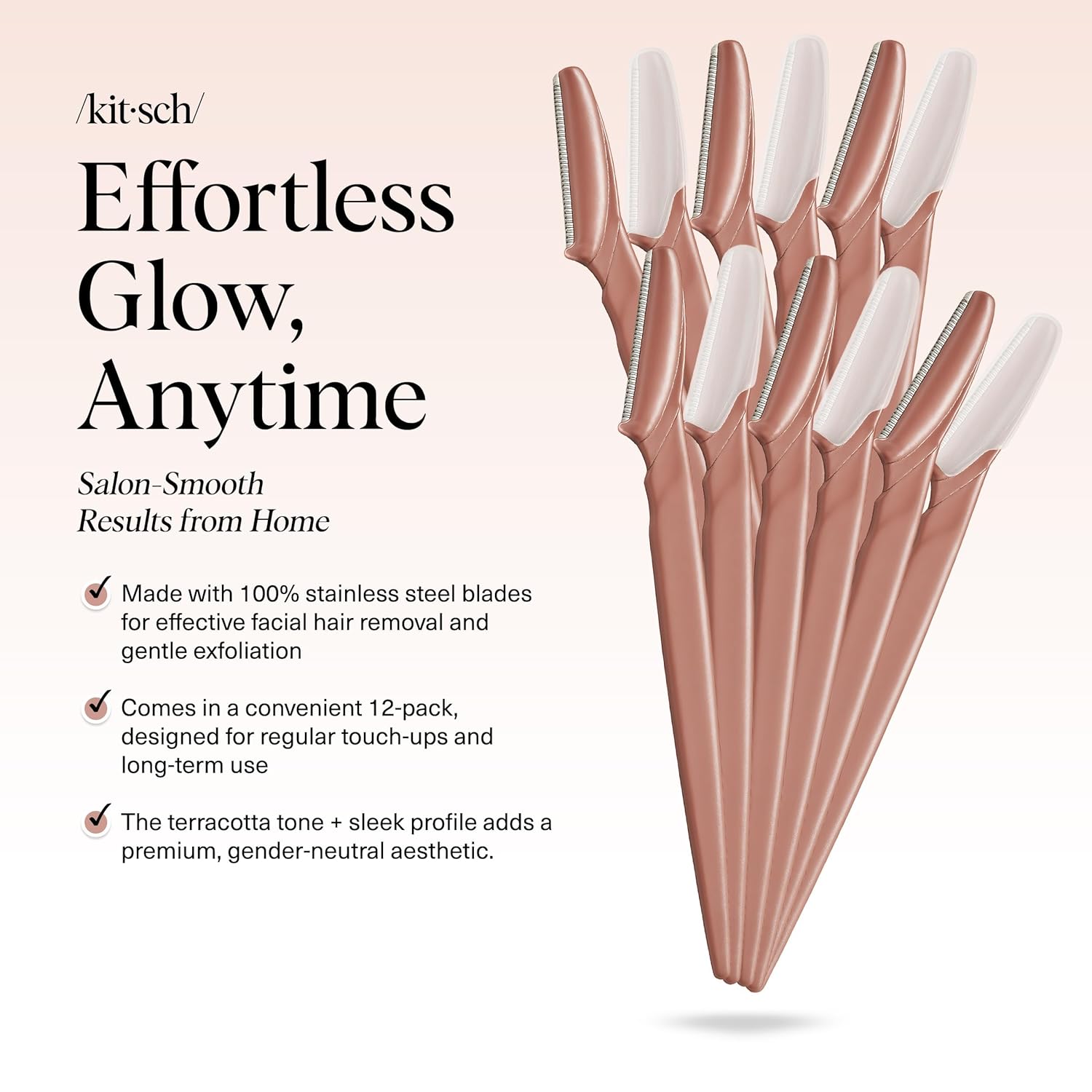 Kitsch Dermaplane Razor for Women Face ÛÒ Face Razors for Women & Men, Eye Brow Razors & Face Shaver ÛÒ Exfoliating Facial Razor & Dermaplaner as Skin Care Tool for Smoother Skin - Terracotta, 12 pcs