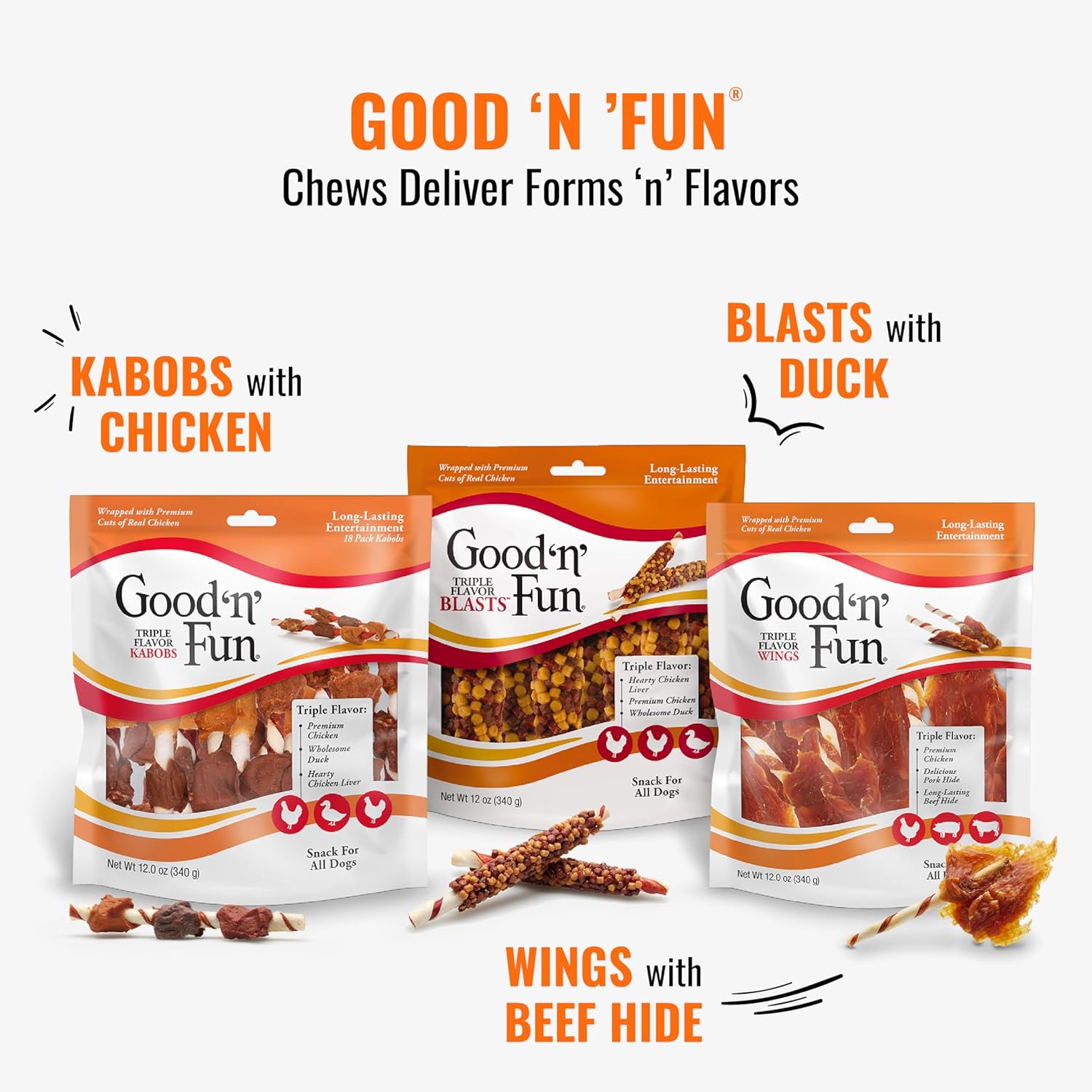 Good Û÷nÛª Fun Triple Flavor Kabobs Chews for All Dogs, 24 Ounces, Treat Your Dog to Long-Lasting Chews Made from Beef Hide, Real Chicken, Pork Hide, Duck and Chicken Liver