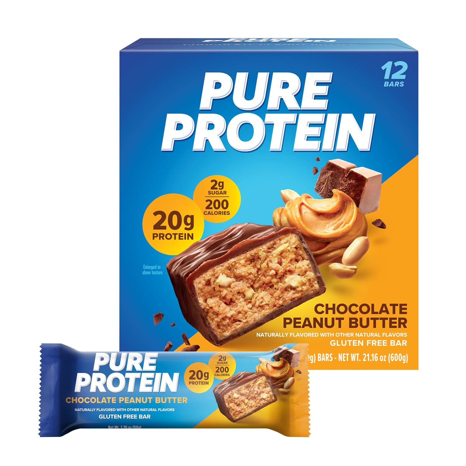 Pure Protein Chocolate Peanut Butter Protein Bars ÛÒ 20g Protein, 3g Sugar, 190 Calories (12 count) Low Sugar* High Protein Snack - Gluten Free - Perfect for a Healthy Snack