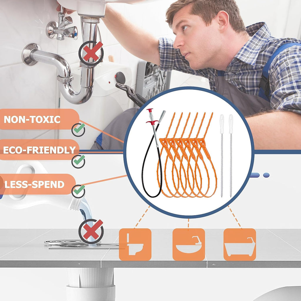 35.5inch Drain Clog Remover(1pcs), 25inch Drain Snake Hair Remover(6pcs) ?  Cleaning Brush(2pcs), Hair Catcher Drain Auger Cleaner Tool Set For Toilet, Kitchen Sink, Bathroom Tub, Sewer, 9 Pack